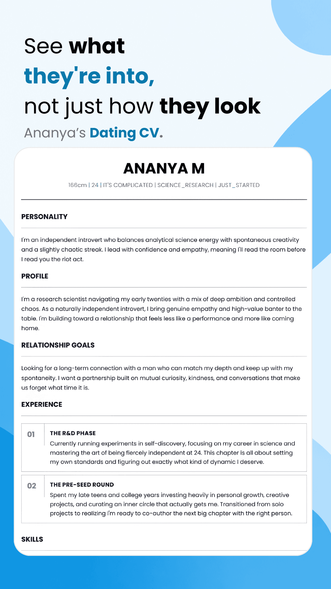 FindIn Dating CV screen